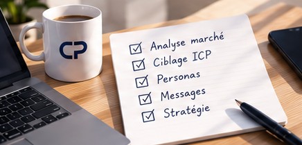 Bureau avec ordinateur, tasse et carnet manuscrit : analyse marché, ciblage ICP, personas, messages, stratégie.