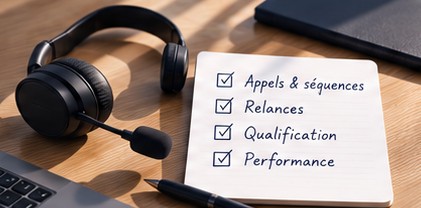 Casque de prospection posé à côté d’un carnet : appels et séquences, relances, qualification, performance.