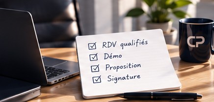 Ordinateur et post-it blanc : RDV qualifiés, démo, proposition, signature.